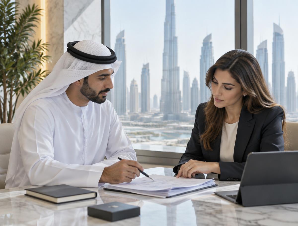 Consultant reviewing documents for legal translation with a client
