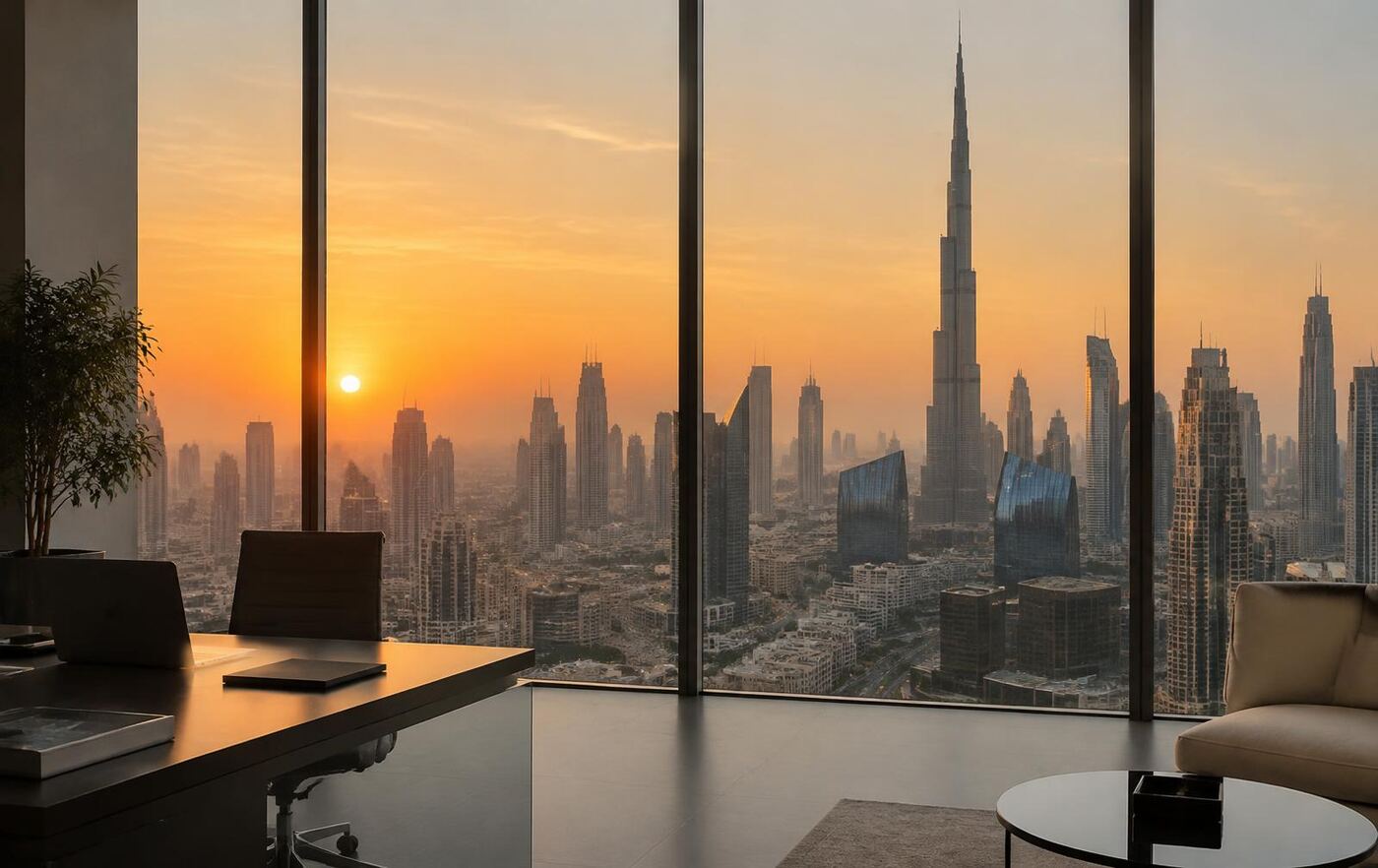 Modern Dubai office overlooking the skyline and Burj Khalifa