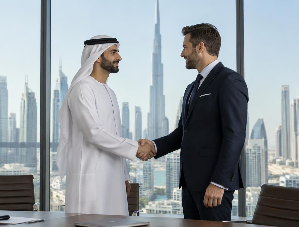 Emirati businessman in kandura and ghutra shaking hands with an entrepreneur in a Dubai office overlooking the skyline