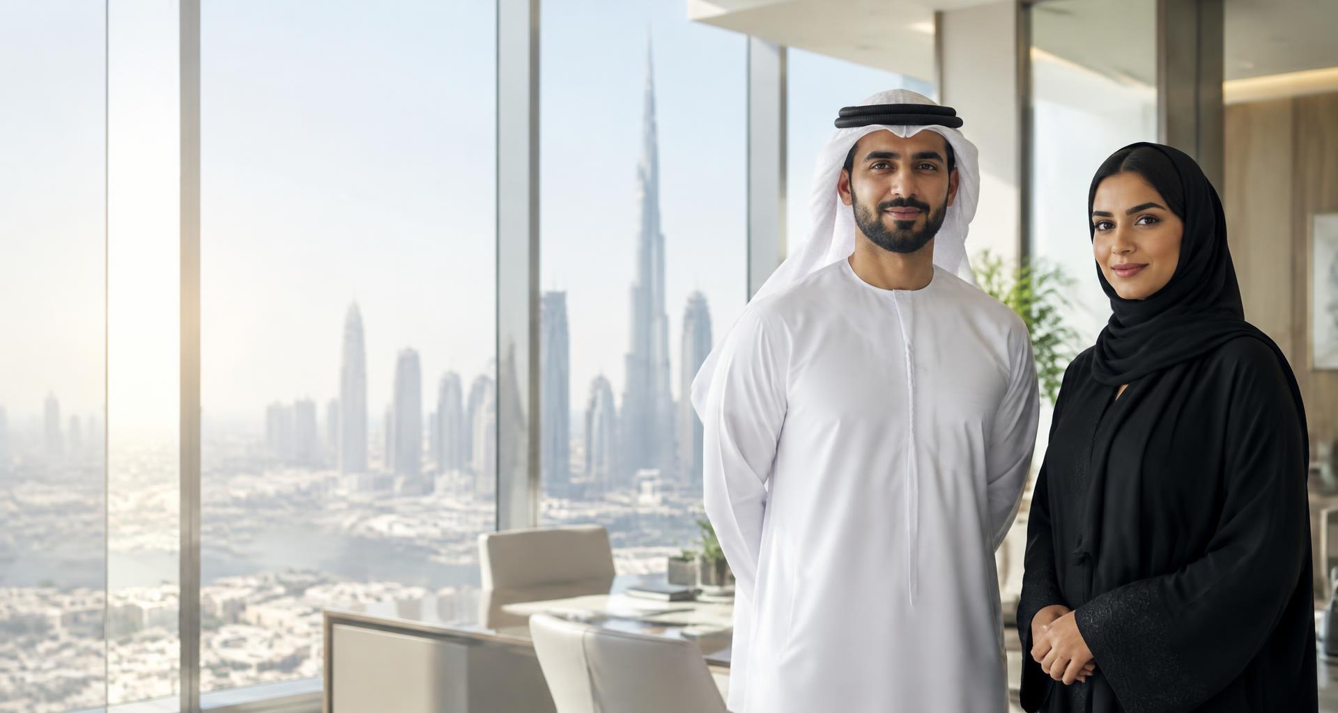 Emirati man in kandura and woman in abaya in a Dubai office