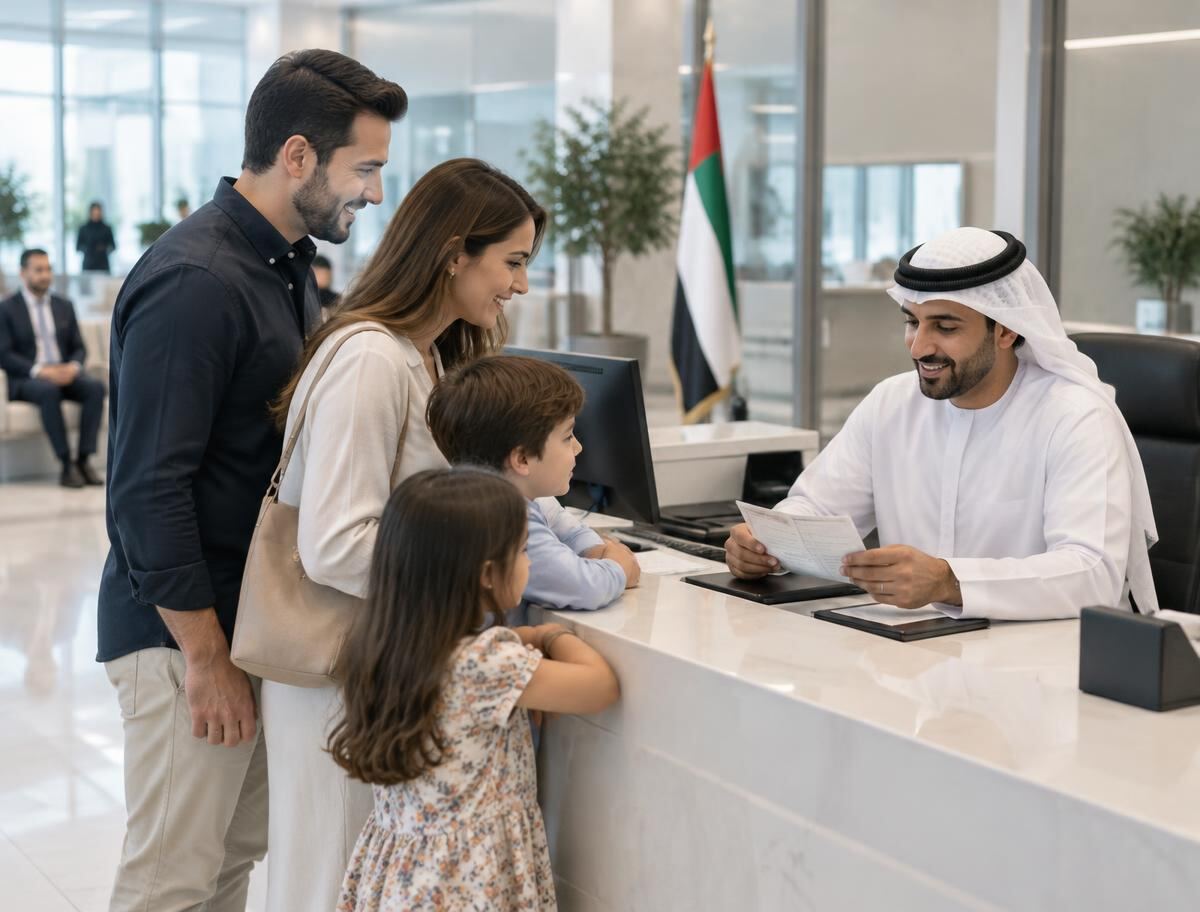Family receiving UAE visa assistance at a service counter